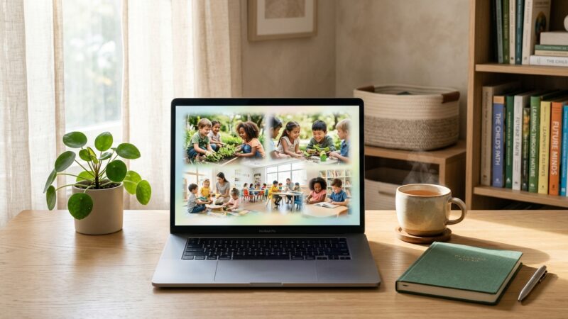 子どもたちの学習や自然体験の様子が画面に表示されたノートパソコンが置かれたデスク